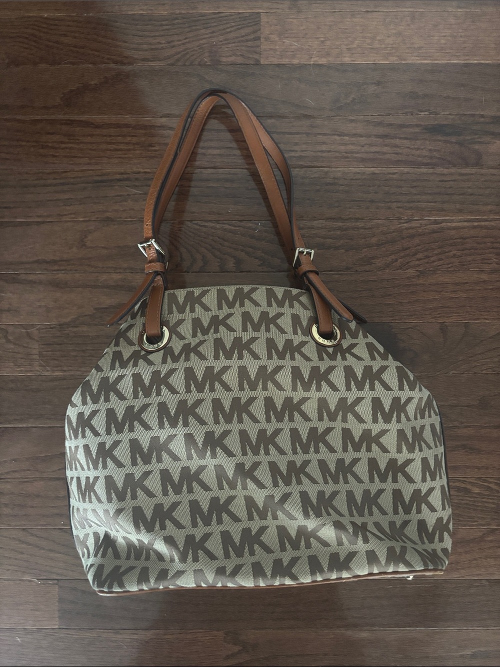 Michael Kors Beige and Brown MK Monogram Shoulder Bag with Tan Straps